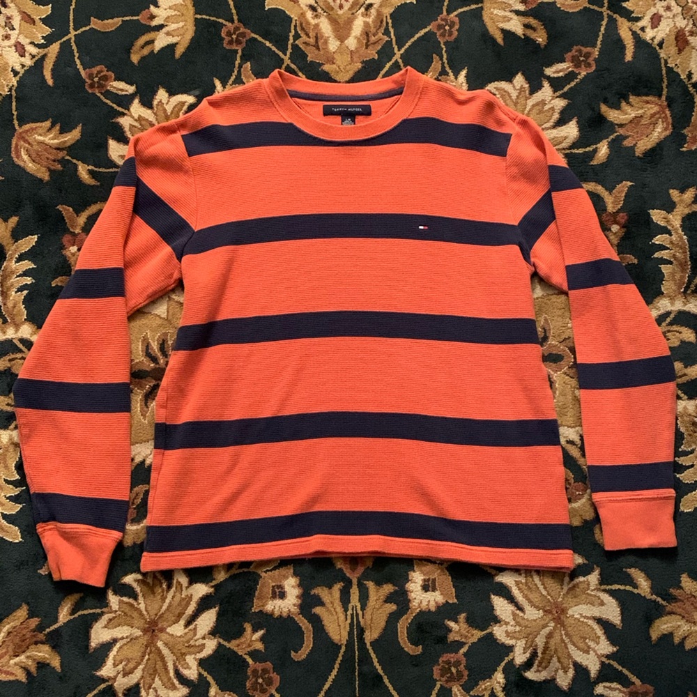 🍊 TOMMY HILFIGER WOMENS ORANGE STRIPED LONG SLEEVE T-SHIRT - SIZE LARGE 🍊
